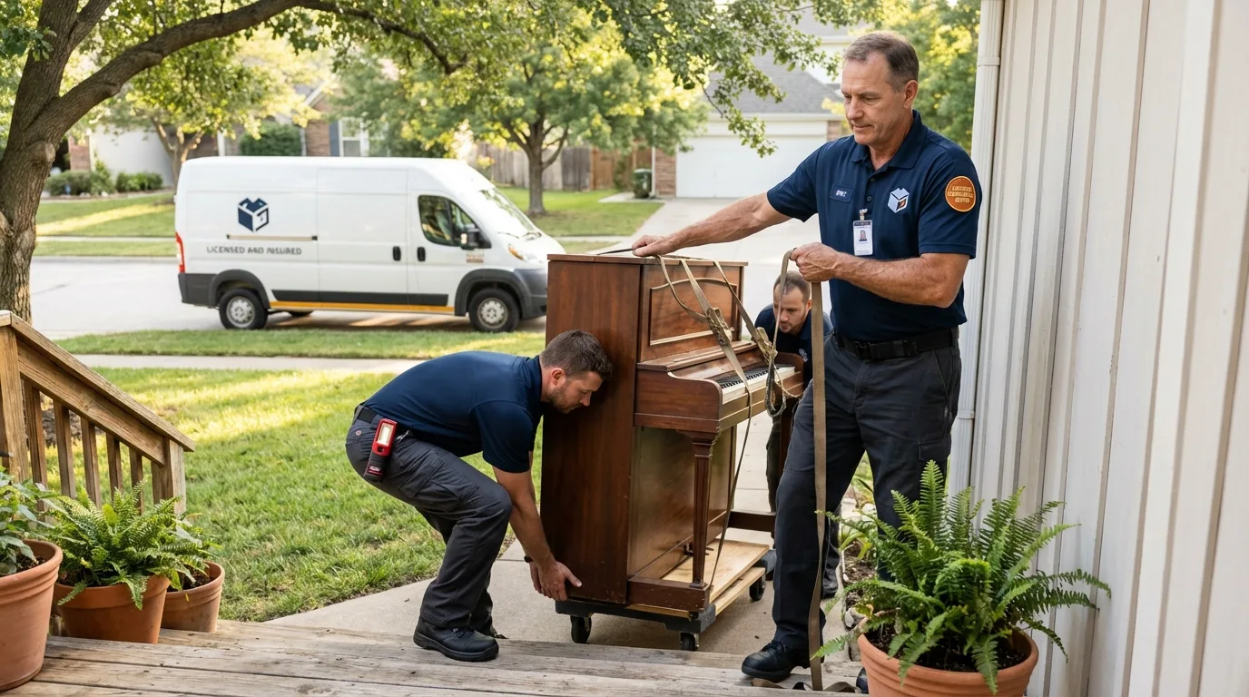 Licensed piano movers securing grand piano in McComb, MS