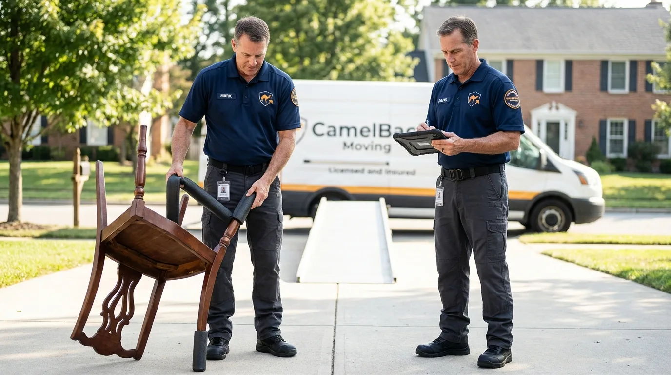 Movers inspecting furniture for damage prevention before loading in McComb, MS