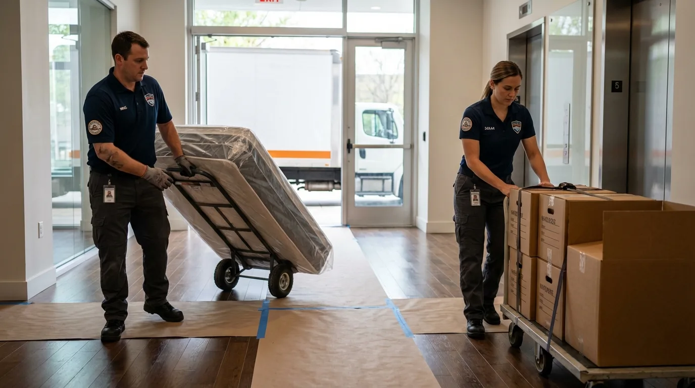 Professional apartment movers loading elevator in McComb, MS